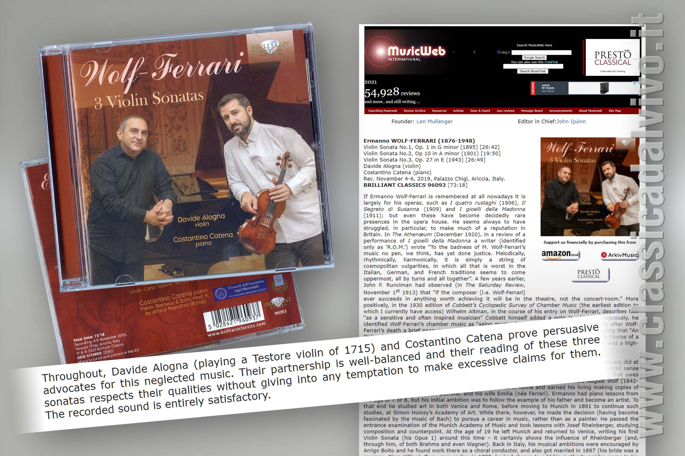 Davide Alogna, Costantino Catena. CD Brilliant: Ermanno Wolf-Ferrari, 3 violin sonatas